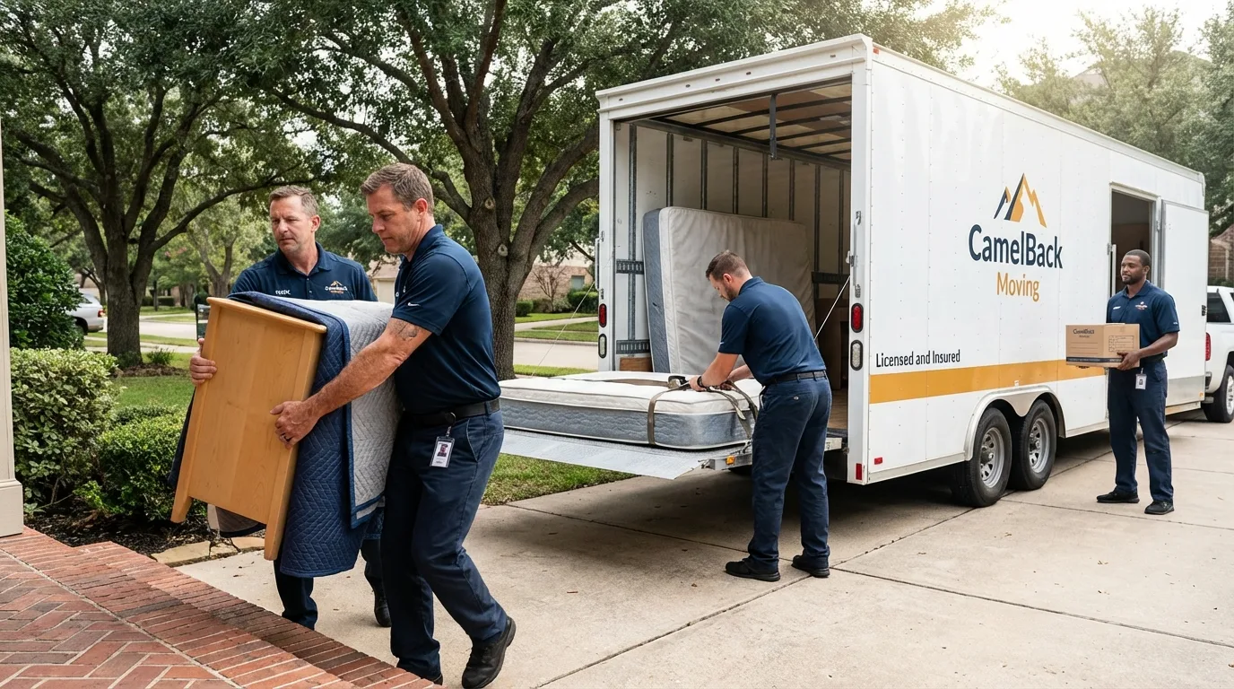 Crew loading residential truck for cross-state move from Red Oak, TX