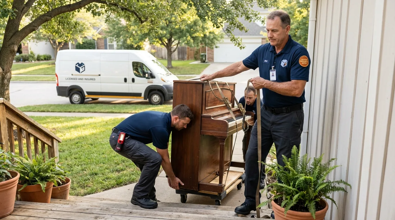 Licensed piano movers securing grand piano in Red Oak, TX