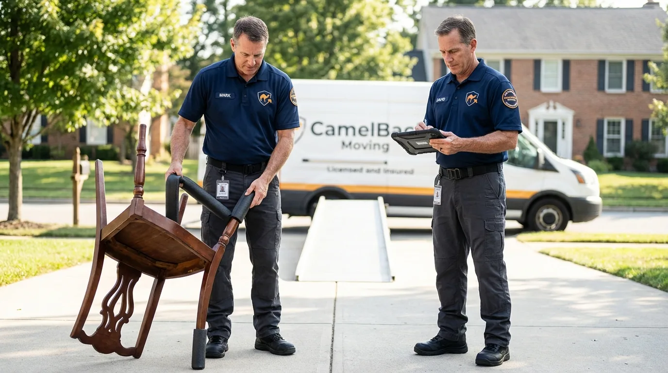 Movers inspecting furniture for damage prevention before loading in Red Oak, TX